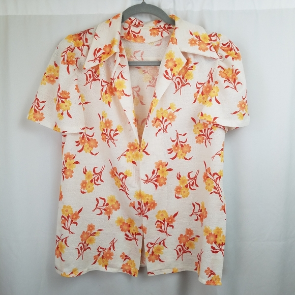 Rare Vintage 1960s 70s Floral Top Short Sleeve Tie Waist S Hand Home Sewn - Picture 5 of 7